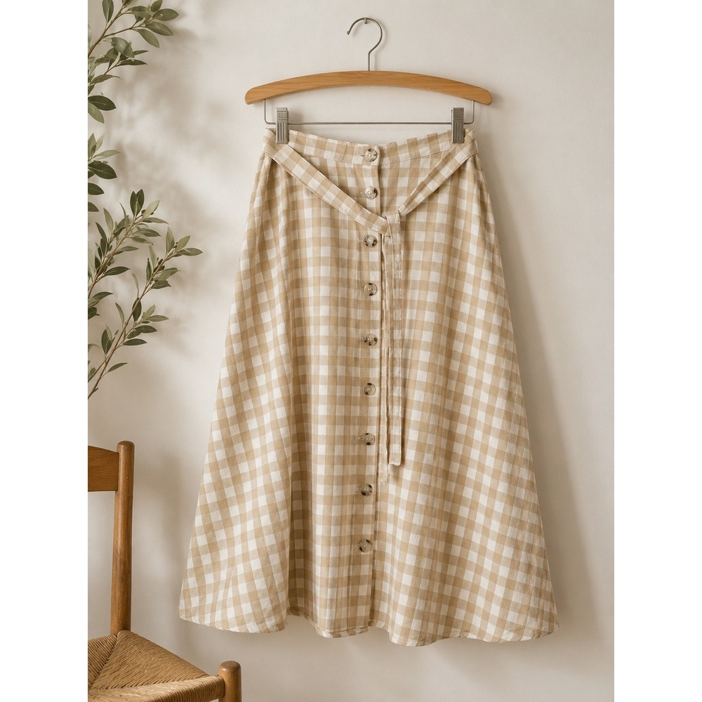 Made USA Cotton Gingham Button Front Midi Skirt L Cottagecore Beige Farmhouse